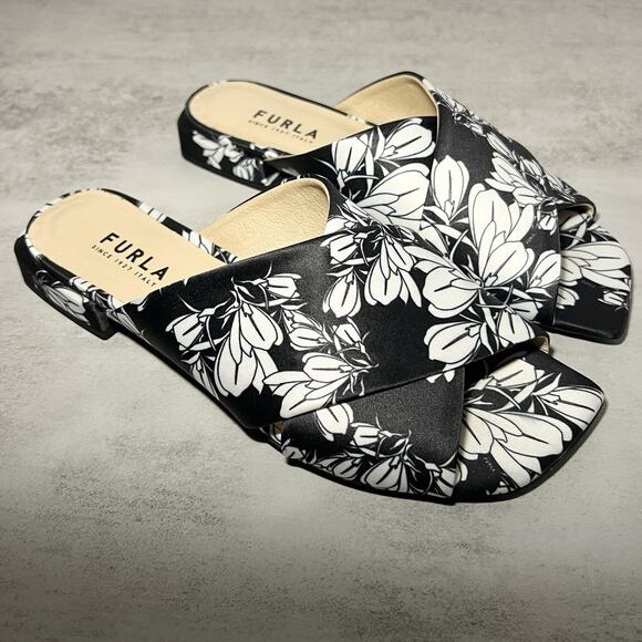 Furla Floral Satin Slides Botanical Print Italian Low Block Heel Resort US 8.5 - Picture 10 of 12